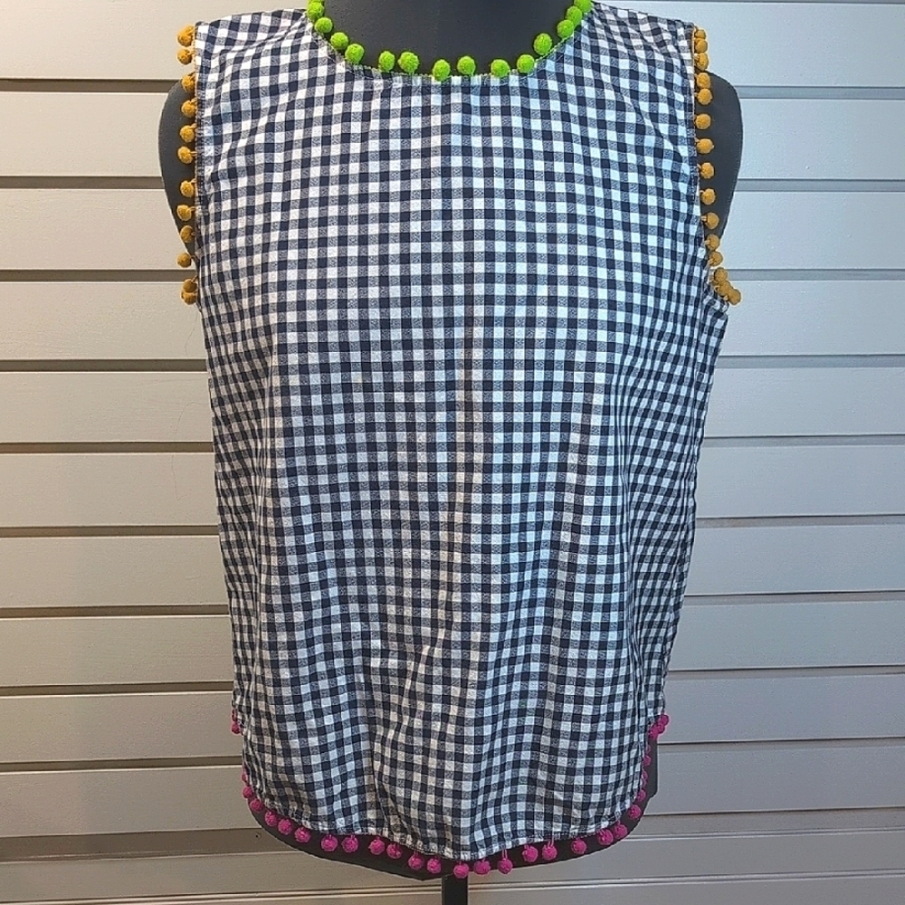 Ivy Jane Black/White Gingham Top with Ball Fringe Trim Size M